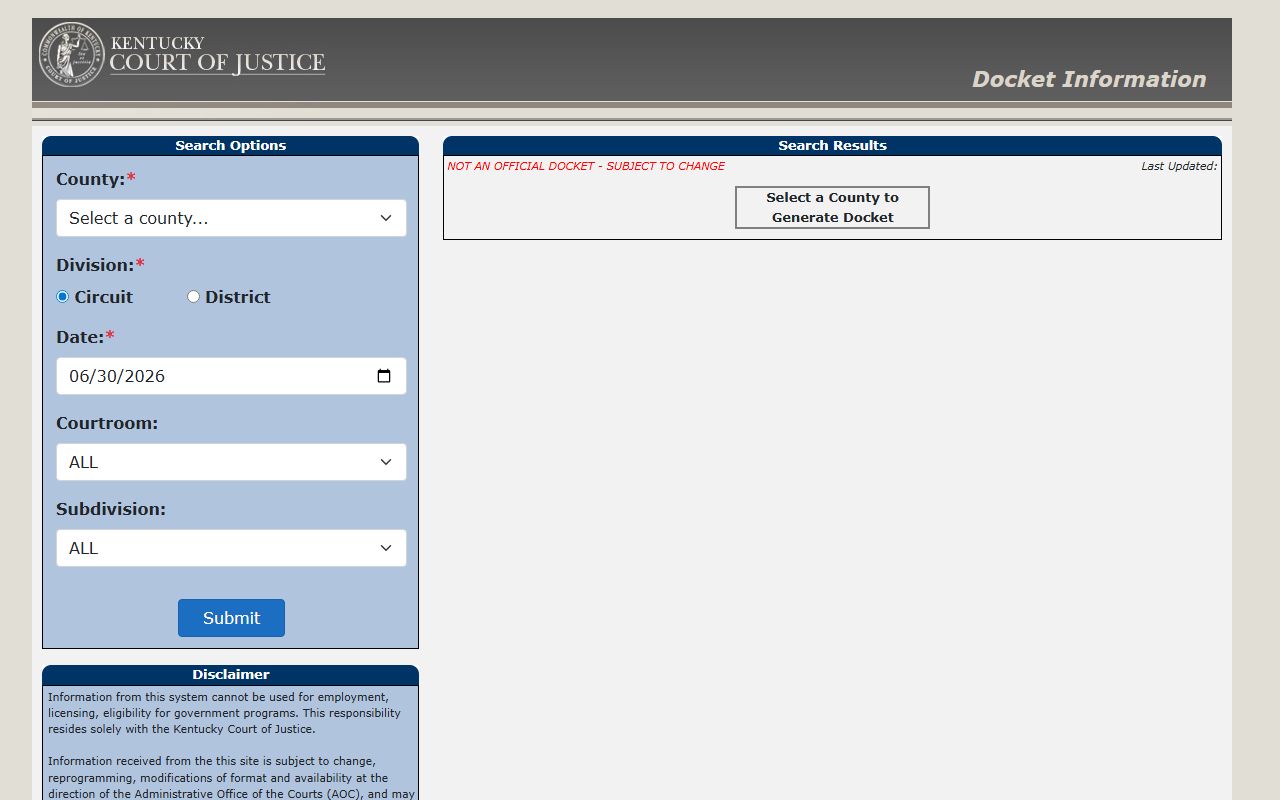 Hancock County court dockets Kentucky docket portal search