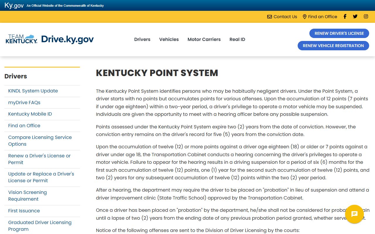 Hancock County traffic court records Kentucky driver point system